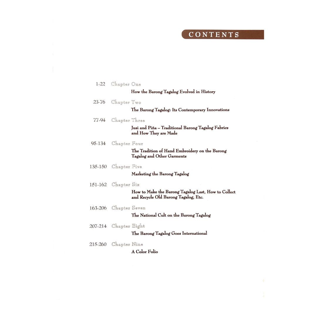 The Barong Tagalog Then & Now by Visitacion R. De La Torre Table of contents