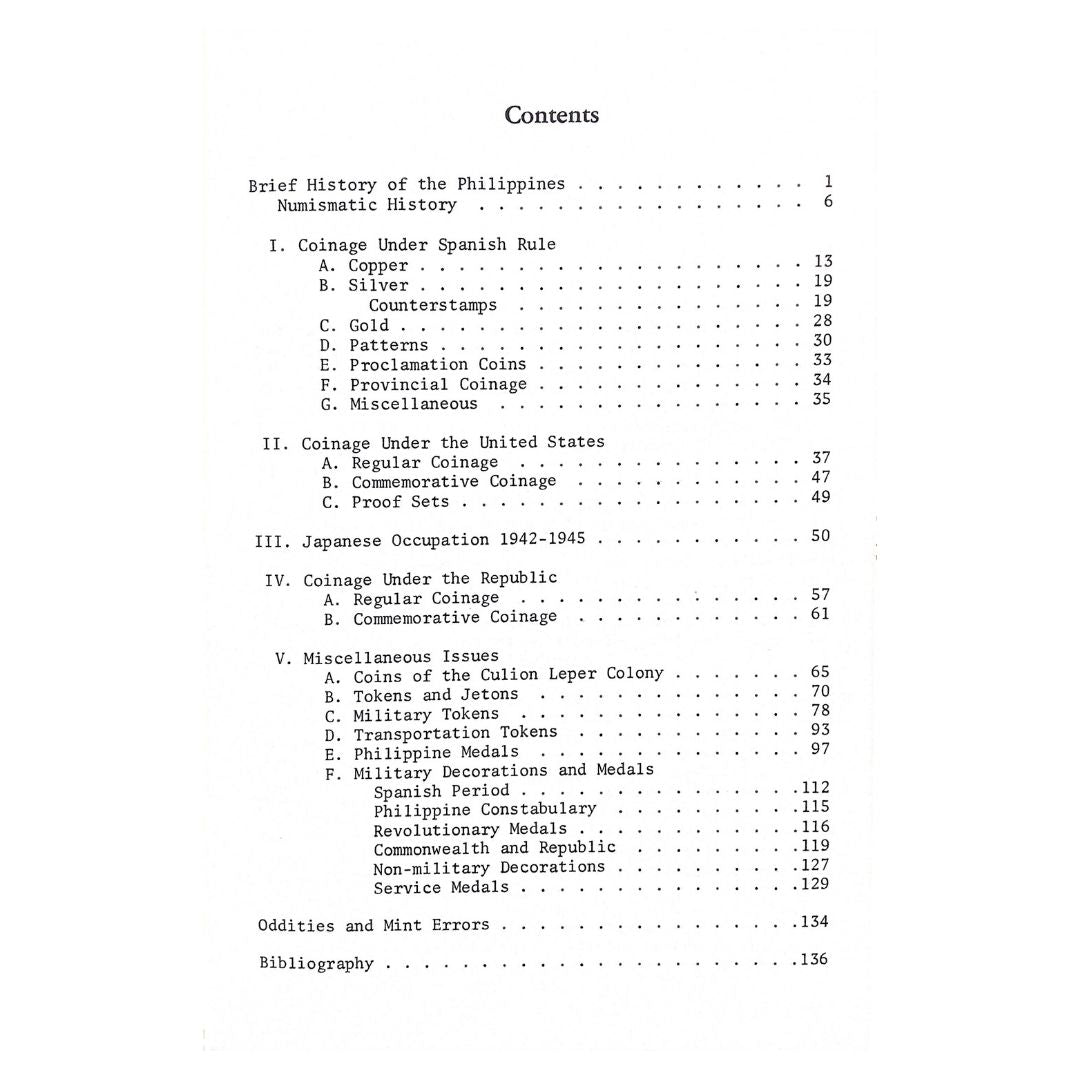 Coins, Medals and Tokens of the Philippines by Aldo P Basso Table of contents
