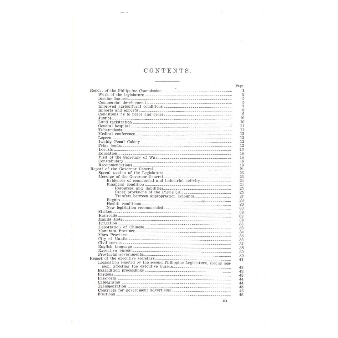 Report of the Philippine Commission (1910) Table of contents
