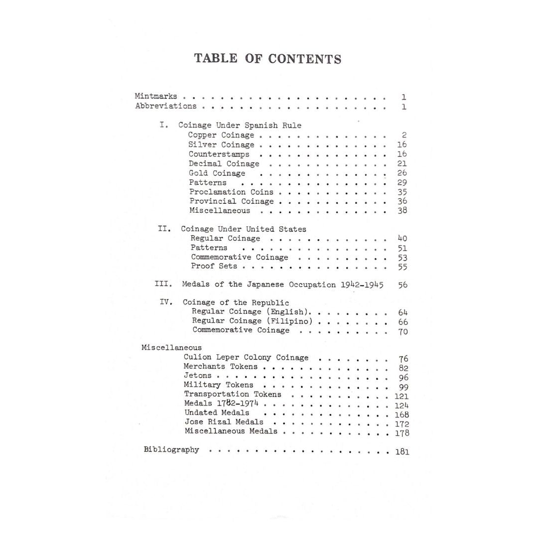 Coins, Medals and Tokens of the Philippines 1728-1974 by Aldo P Basso Table of contents