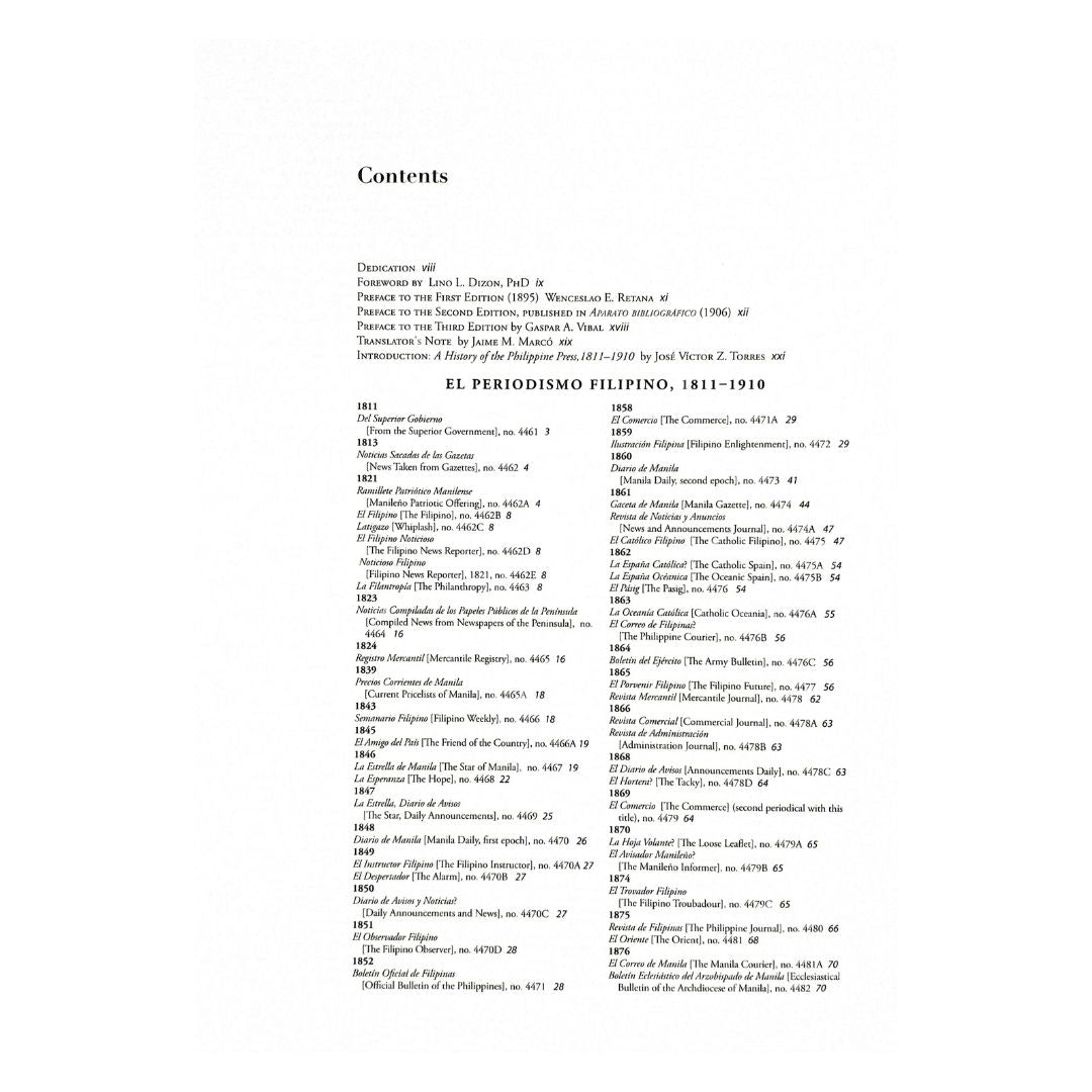 El Periodismo Filipino 1811-1910 the First Century of Philippine Journalism (Table of Contents)
