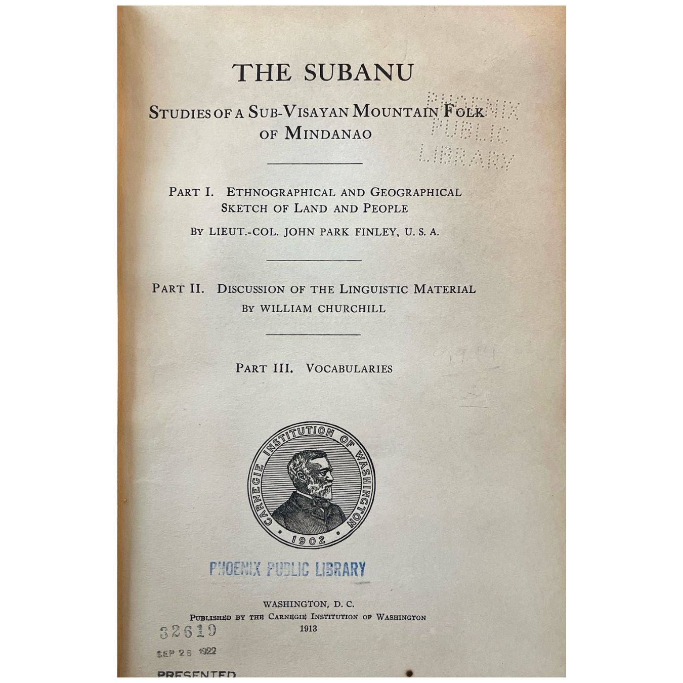 The Subanu: Studies of a Sub-Visayan Mountain Folk of Mindanao by Finley (Front Cover)