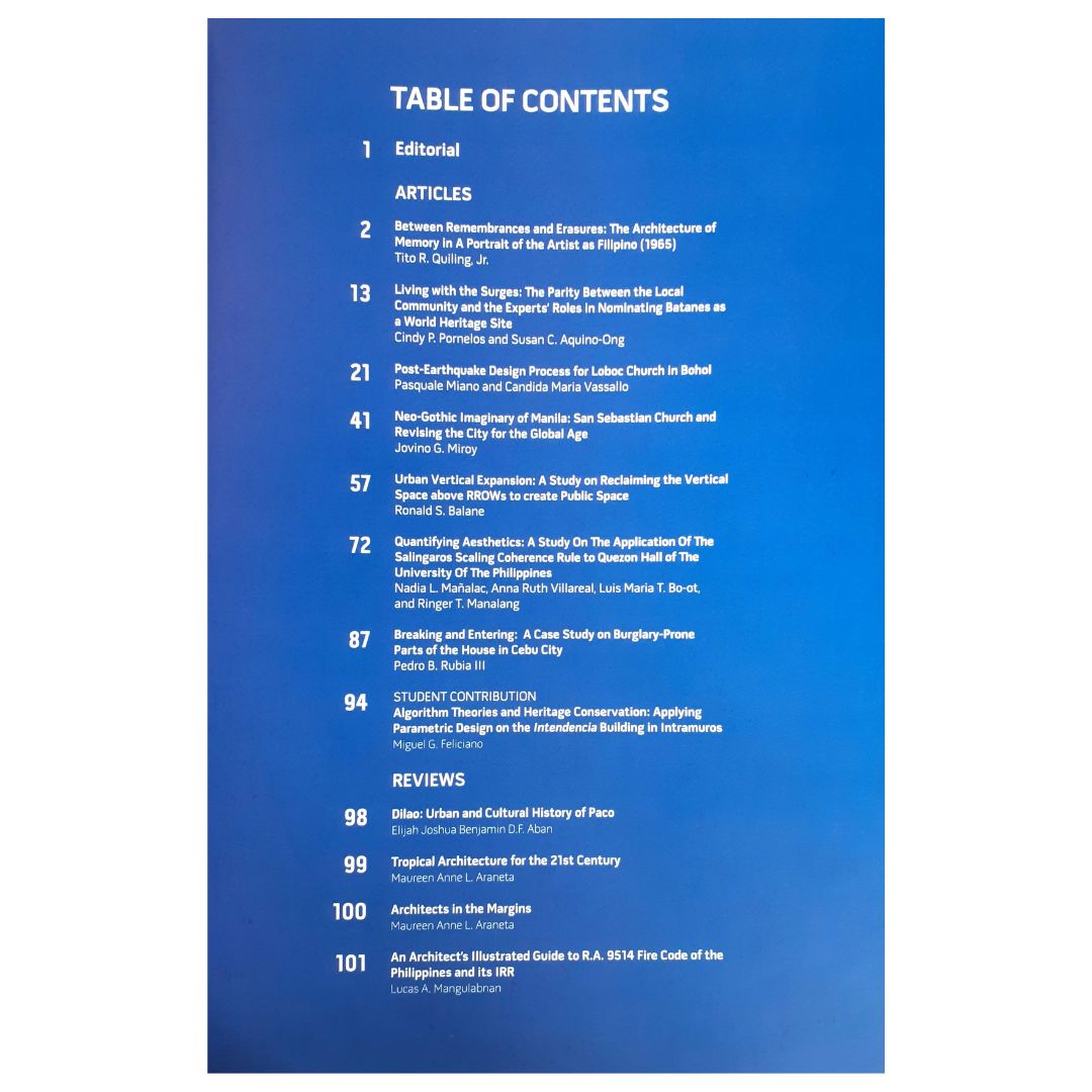 Journal of Philippine Architecture and Allied Arts Es.pa.syō Table of Contents