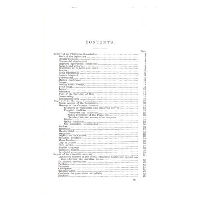 Report of the Philippine Commission (1910) Table of contents