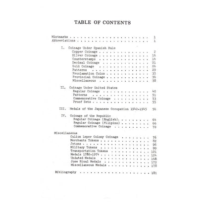 Coins, Medals and Tokens of the Philippines 1728-1974 by Aldo P Basso Table of contents