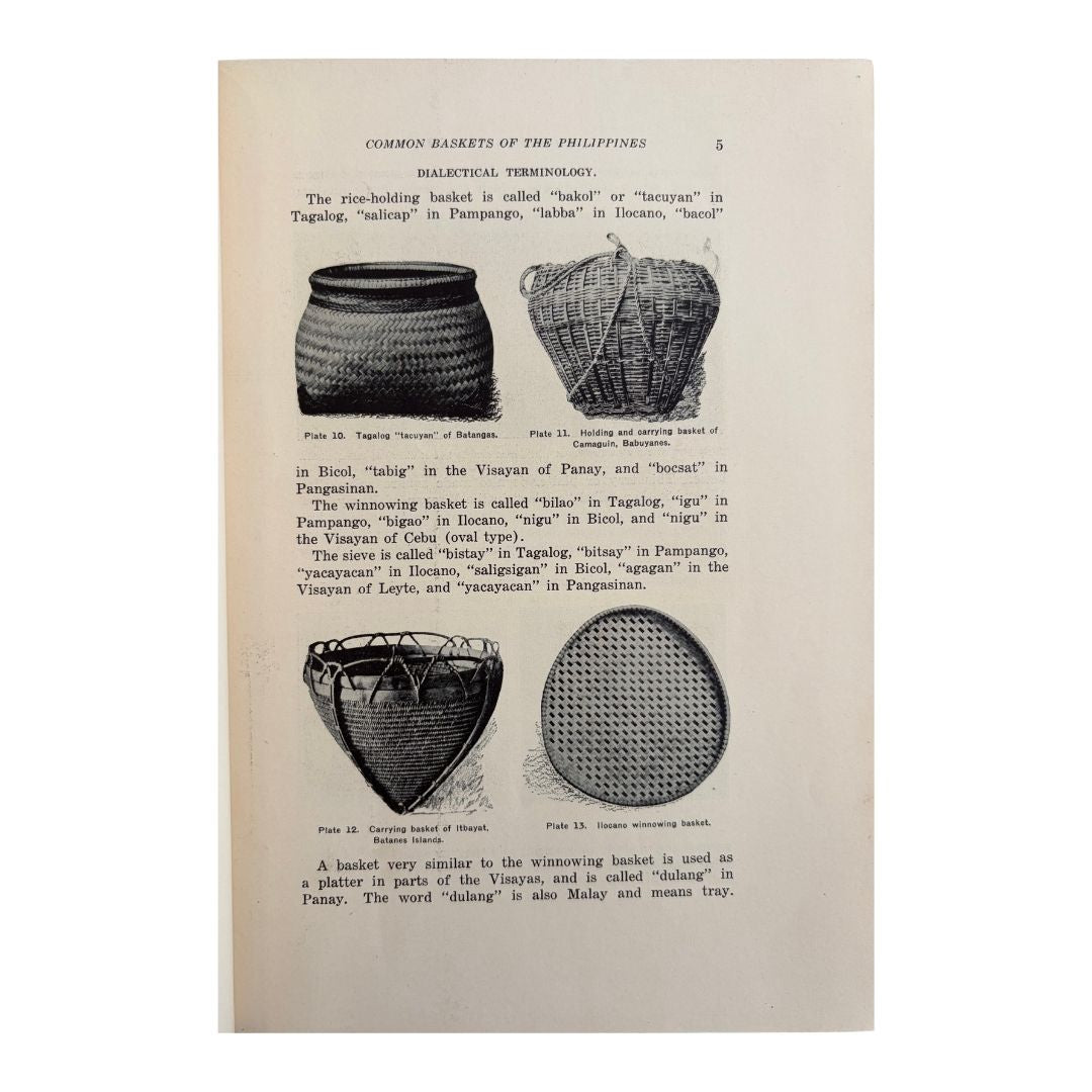 A vintage printed page from a book or magazine showing three labeled basket illustrations and descriptive text about Philippine baskets, photographed against a plain light background.