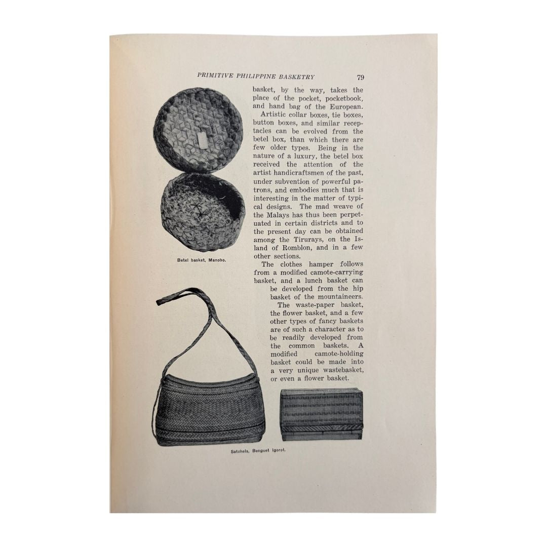 A vintage printed page titled 'Primitive Philippine Basket' showing a basket illustration, a labeled photo of a woven basket, and a small product photo of a basket on aged beige paper.