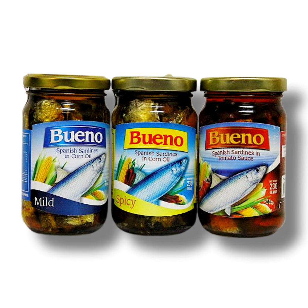 Bueno Spanish Sardines in Corn Oil (Mild/Spicy/Tomato) Front Cover